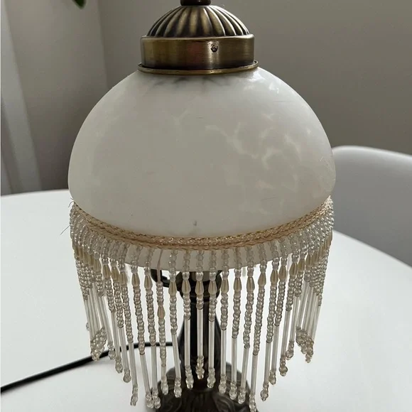 ❌SOLD❌ Vintage Fringe Beaded table lamp with frosted glass and bronze base - Picture 2 of 8